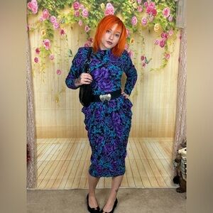 Vintage Black Blue Purple Floral Garden Rose Ruched Dress